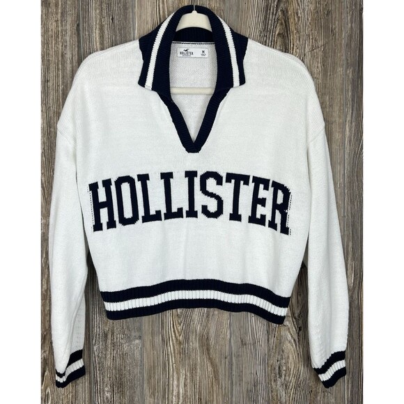 Hollister Women's Cropped Sweater White/Blue Spell Out Size MED Preppy Classic - Picture 1 of 12